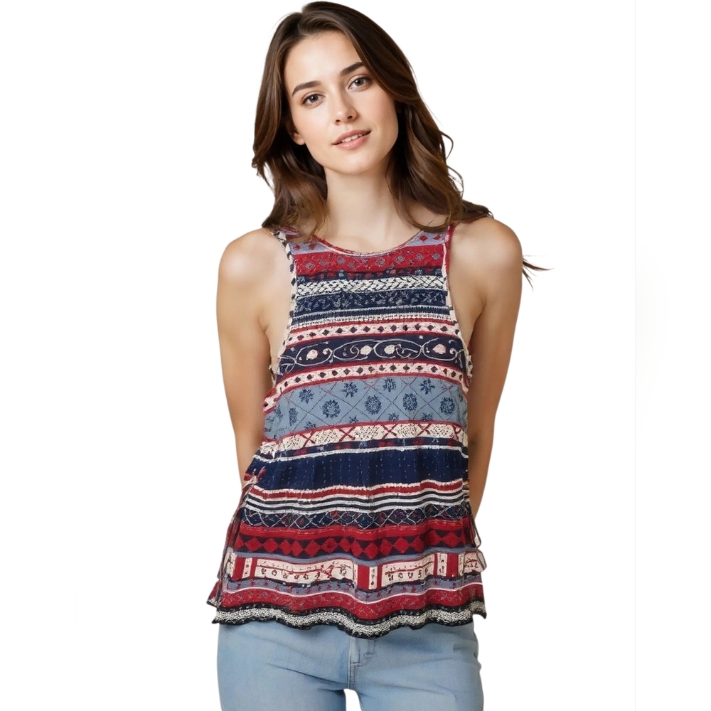 RETROD Size Small Abstract Design Tank Top Womens Lace Up Sides
